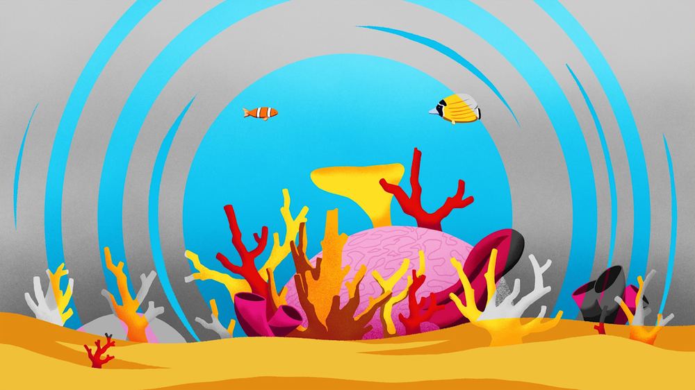 An illustration showing a vibrant patch of healthy coral radiating blue waves, transforming surrounding grey coral and sea life back to full colour