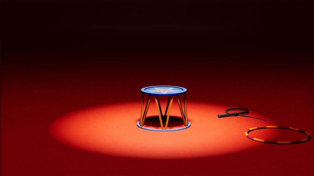 Illustration of a lion tamer podium under spotlight, drawn on a red background. 