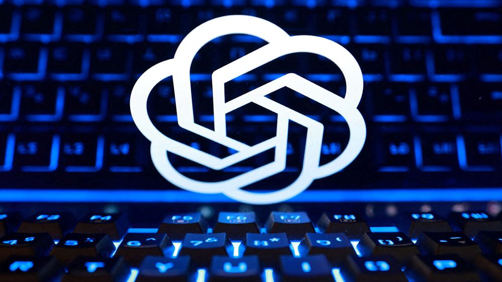 An illustration showing the OpenAI logo displayed over a glowing computer keyboard with blue backlighting.