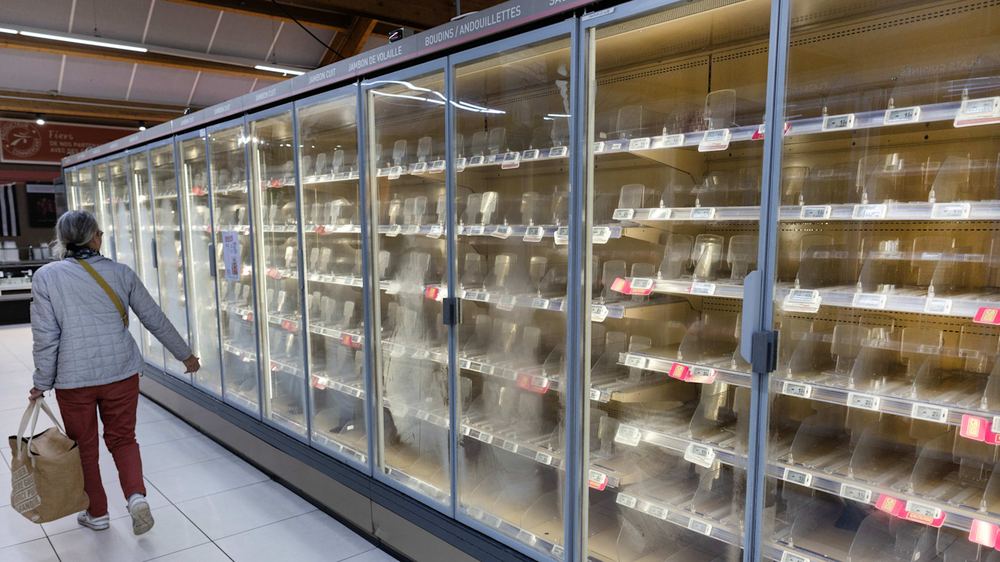 A woman with a shopping bag walks past nearly empty refrigerated shelves at an Intermarché supermarket after a cyber attack